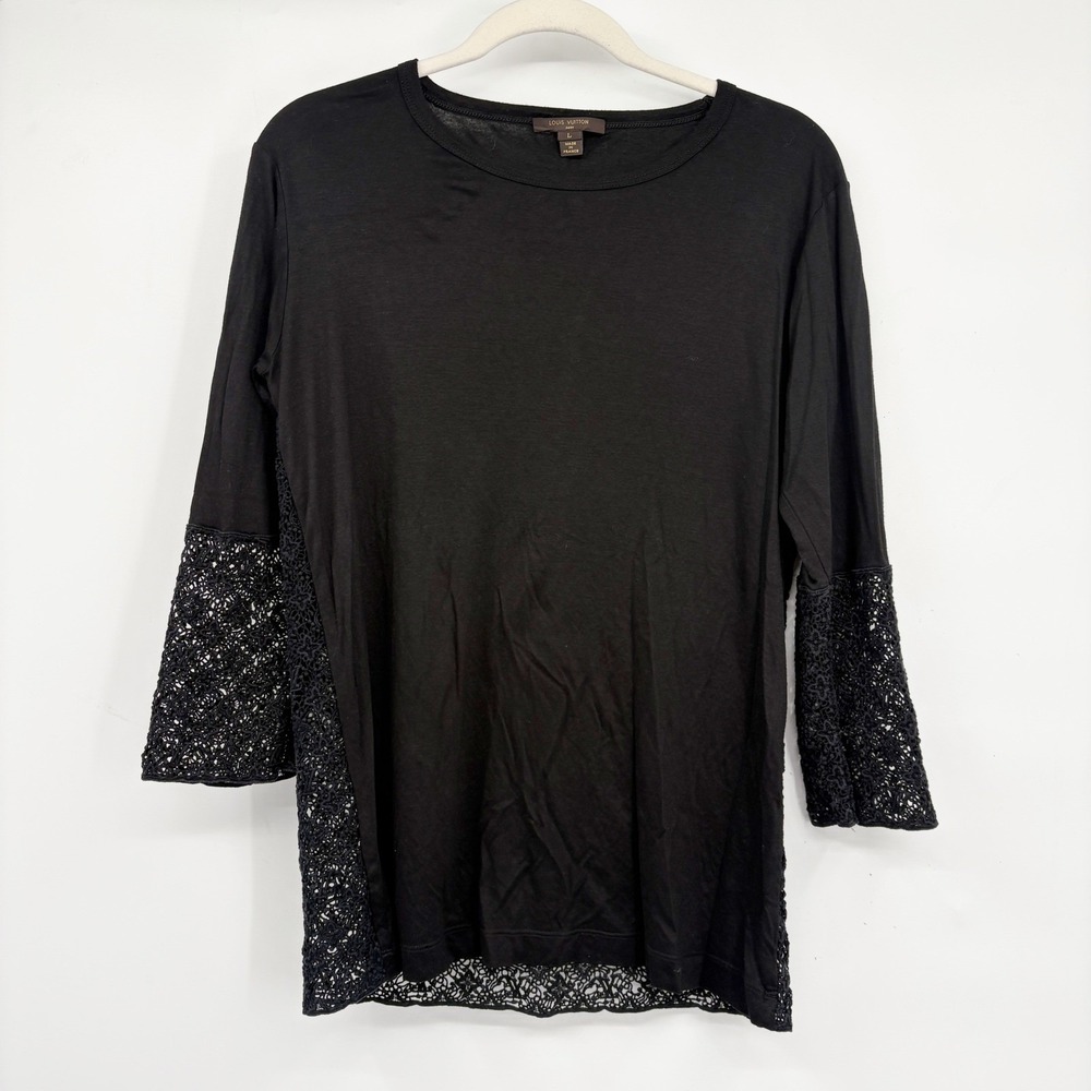 Louis Vuitton Womens Cotton Jersey Monogram Lace Long Sleeve‎ Top Black Size L